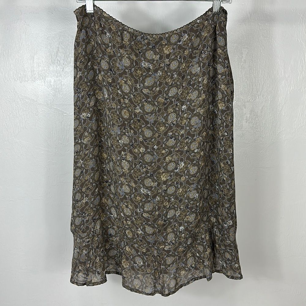 J. Jill Brown Floral Print Ruffle Hem Midi Skirt Size M
